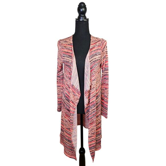 Its Our Time Peach Pink Duster Cardigan Size Large Draped Front Aztec Print - Picture 1 of 6
